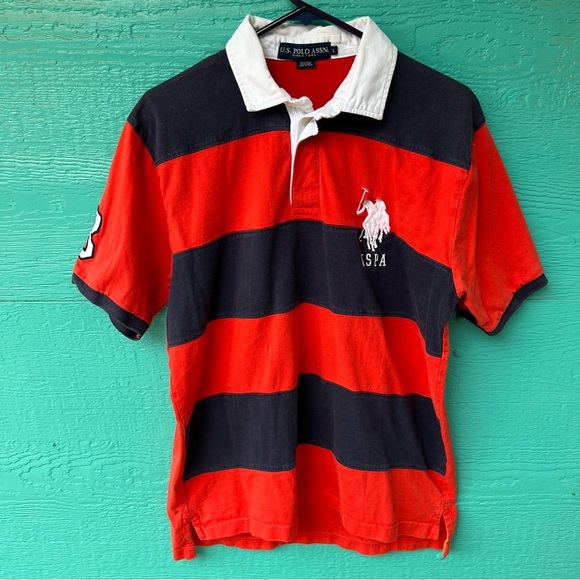 VINTAGE LRL RUGBY BIG PONY STRIPE SHORT SLEEVES POLU SHIRT LARGE NAVY BLUE RED - Picture 1 of 6